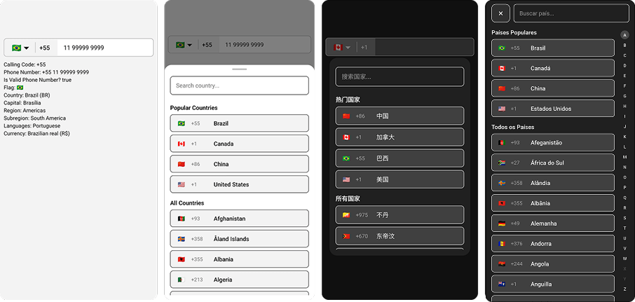 rn-international-phone-number preview — React Native international phone number input, country dial code selector, flag picker with auto phone mask, validation and i18n